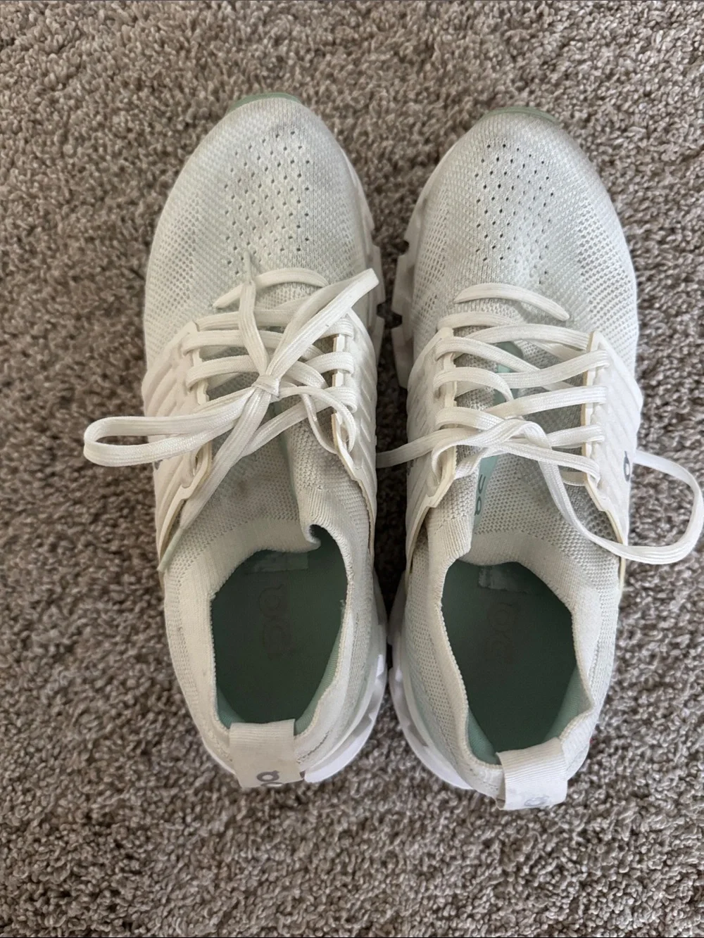 On Running White Knit Sneakers with Mint Insoles